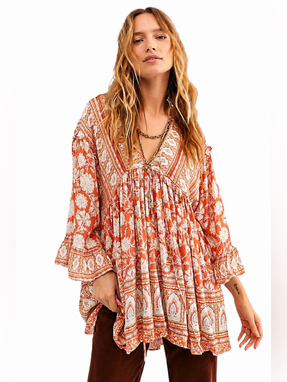 Free People Moonlight Dance Tunic Women Small Coral Floral Boho Bell Sleeve